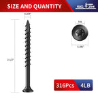 SG TZH #10 x 2-1/2" Deck Screws (316Pcs) 4lb. Exterior Wood Screws. Carbon Steel, Black, Flat Head, Rust Resistant epoxy Coated, with T25 Star Bit