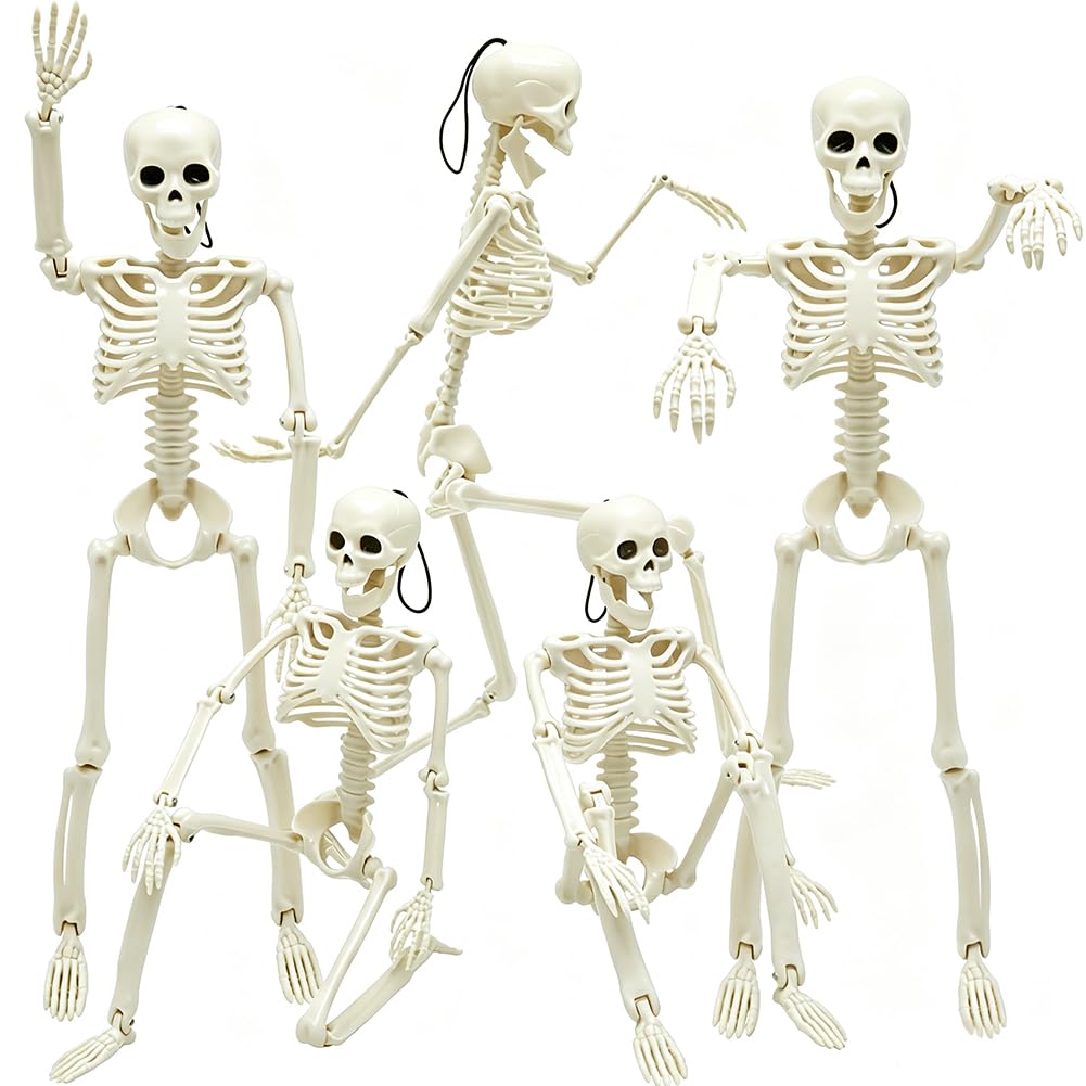 WODMAZ 5 Packs Halloween Skeletons, 16" Halloween Full Body Skeleton with Posable Joints for Haunted House Graveyard Props Decor