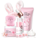 Skincare Set Sakura Teen Girls Gifts - Skin Care Set - Skincare for Teens 10-12 Hydrating - Travel Size Facial Kit for Women with Cleanser,Serum,Cream,Bunny Headband,Cleansing Brush（5pcs）
