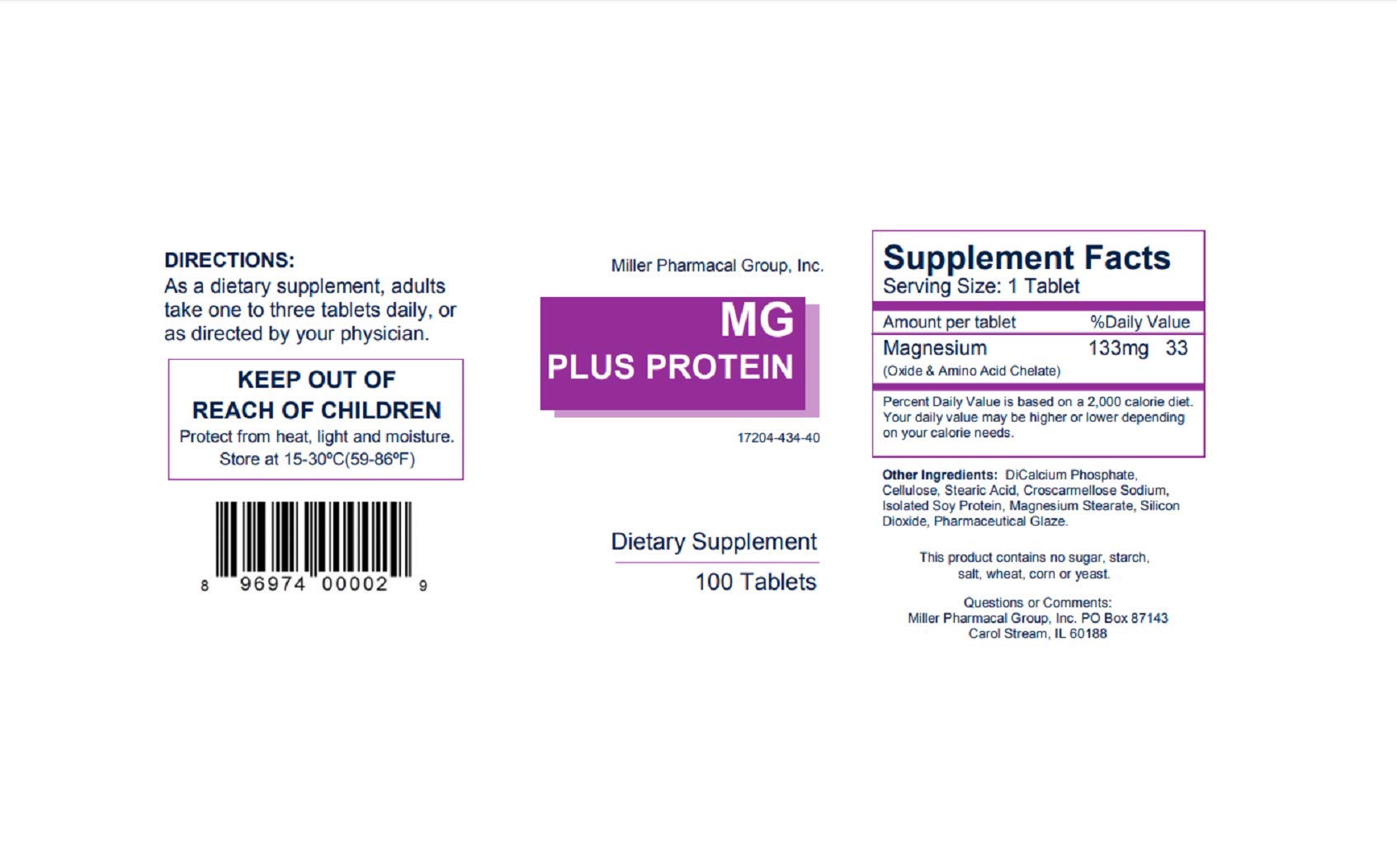 Mg Plus Protein Mg Plus Protein Miller, 100 tabs 133Mg (Pack of 3)
