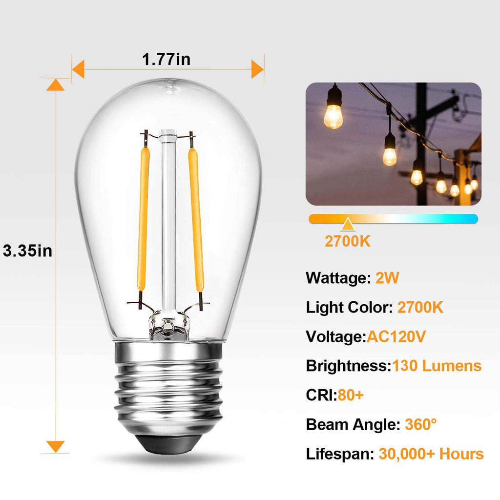 BRIMAX 25 Pack 2W S14 Replacement LED Bulbs,2700K Soft Warm White, Shatterproof Waterproof Outdoor String Light Bulbs Dimmable,E26 Medium Base,Plastic Edison Bulbs for Patio Garden