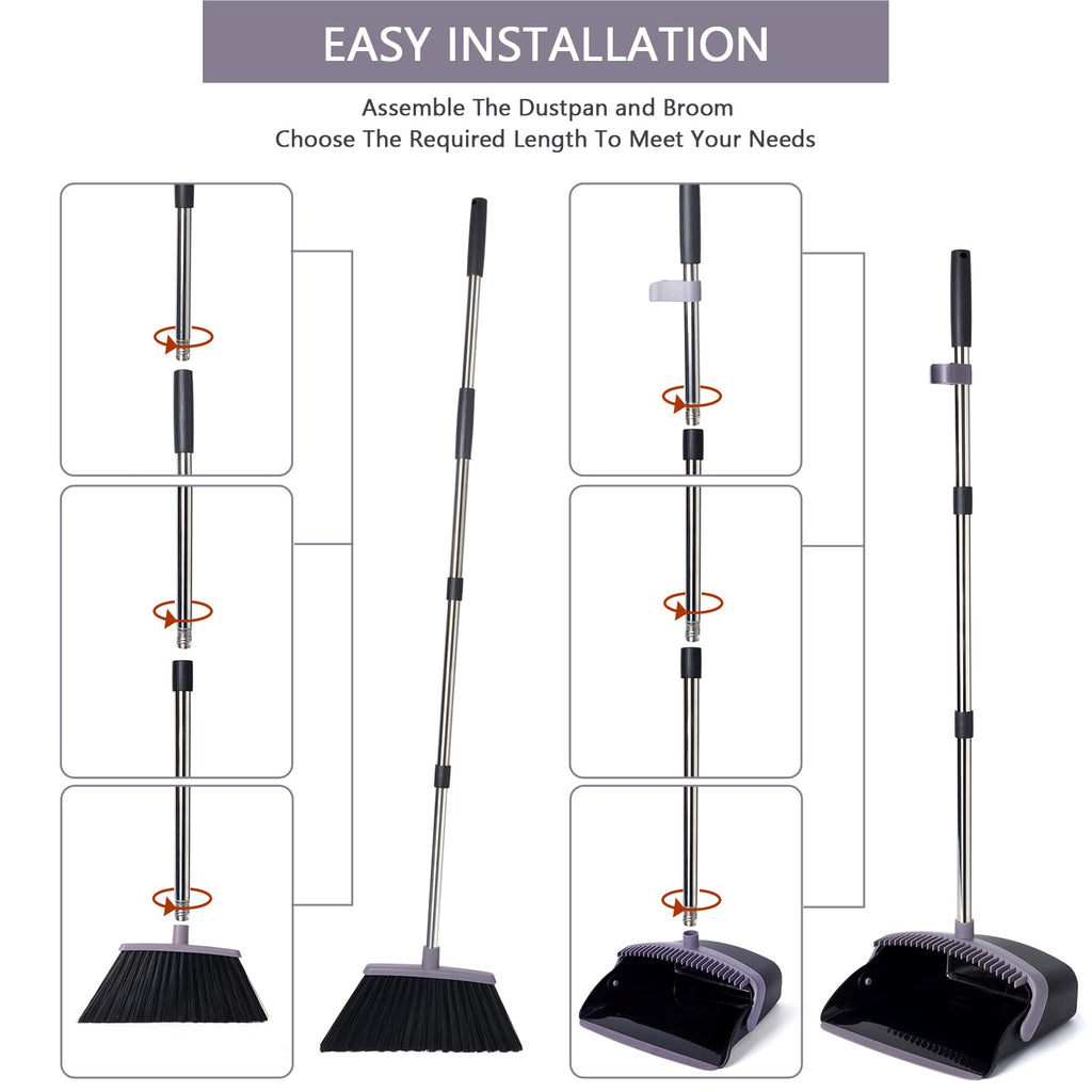 XXFLOWER Broom and Dustpan Set, Dustpans with Broom Combo for Home, Heavy Dust Broom and Dustpan Combo, Long Handle Dust Pan and Broom Set for Kitchen, Office, Pet Hair, Charcoal Color, Pack of 1