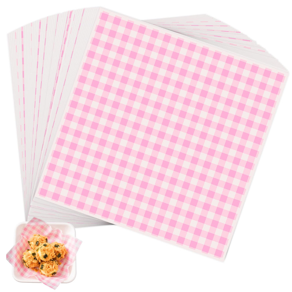 100pcs Waxed Deli Paper Sheets, 7x7" Food Basket Liners for Sandwiches, Burgers. Pink Checkered Deli Wrap Wax Paper Sheets by Neyimqr