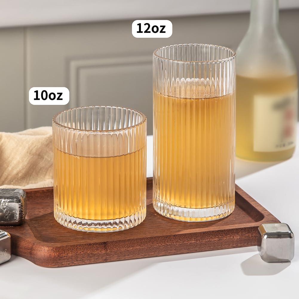Lumkit Ribbed Drinking Glasses 8pcs, 12oz and 10oz Glassware, Tumbler Glasses Cup Set for Wedding, Party, Christmas Gift, Clear