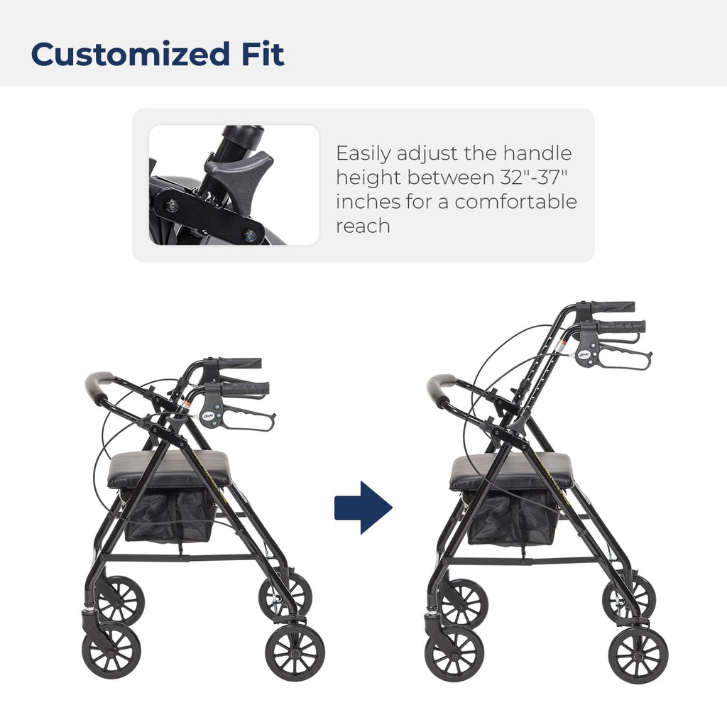 Drive Medical Aluminum Rollator Walker - Fold Up & Removable Back Support - Padded Seat - 6 Inch Wheels - Lightweight Portable Design - Indoor Outdoor Mobility Aid - Black