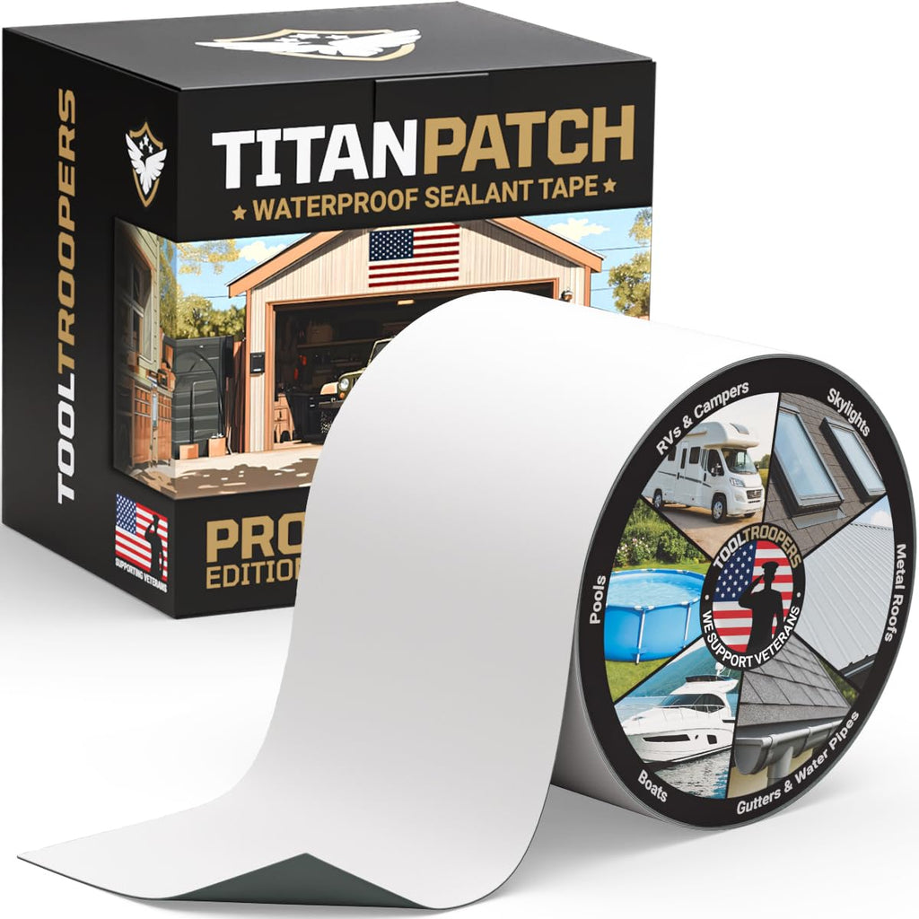 TITANPATCH PRO Waterproof Sealant Tape – White 4" x50' – Stops Leaks Fast & Stays Sealed for 15+ Years – Sticks to RVs, Roofs, Pools, Boats, Gutters – Built for Harsh Weather (-40°F to 190°F)