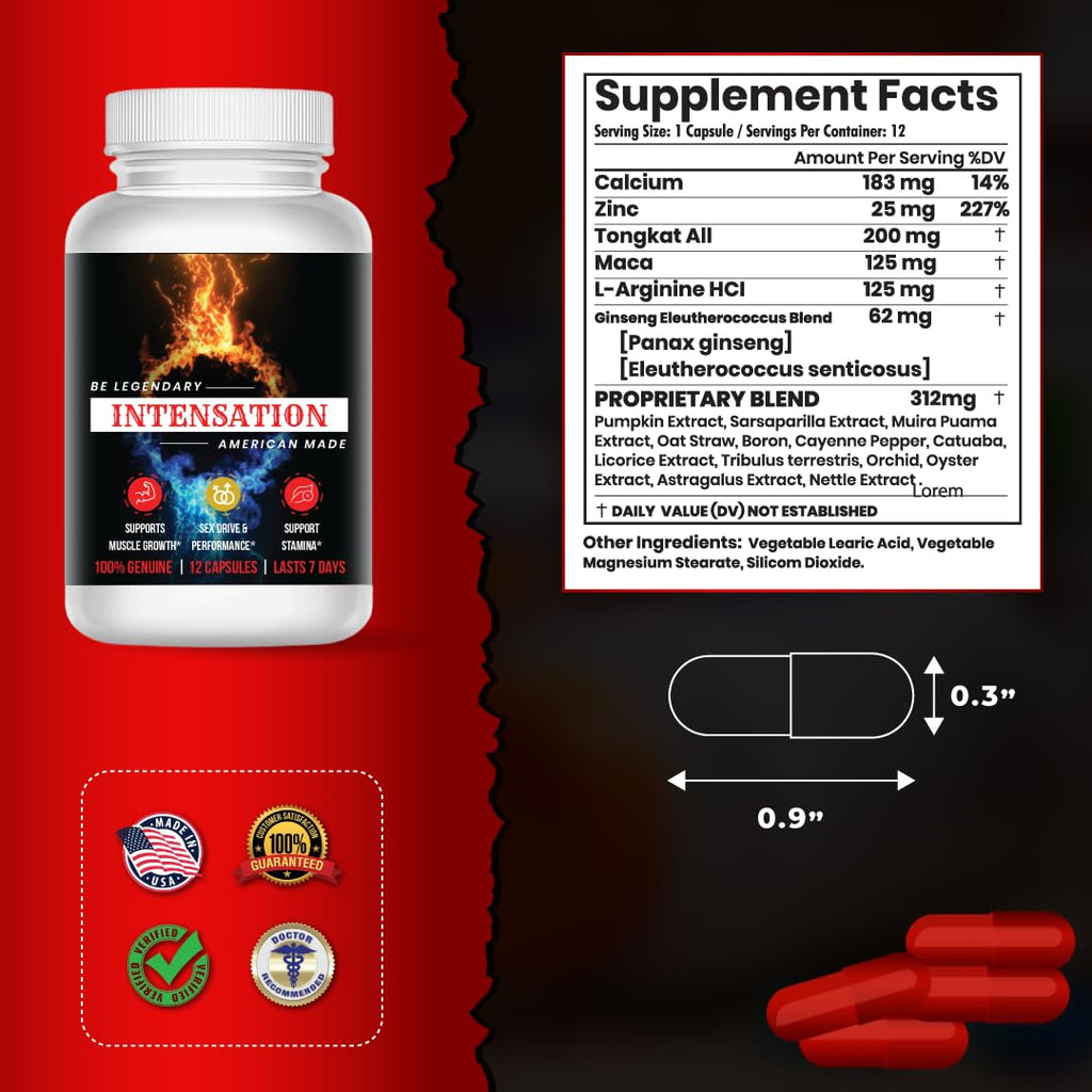 INTENSATION - Male Supplement - All Natural Stamina Support - Last Longer - Increase Size, Strength & Stamina - Improve Energy Level - Optimize Vitality - 12 Tablets