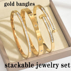 Xigocorsn Gold Bangles Bangle Bracelets Set for Women, genuine gold electroplating 3 Piece Elliptical Design with Cubic Zirconia Accents, 2.36 Inch Diameter, Waterproof Stainless Steel