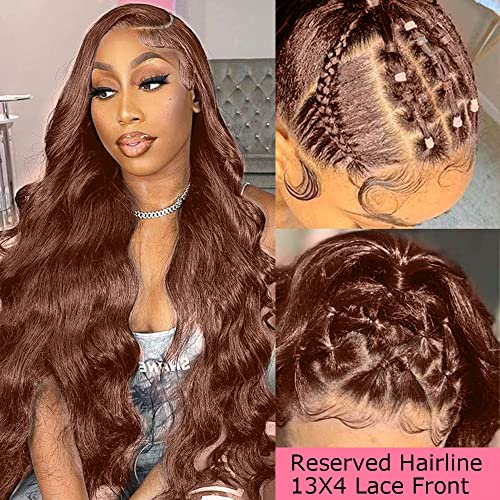 200% Density 13x4 Auburn Brown Body Wave Lace FrontWigs Chestnut Brown Colored Human HairWigs For WomenHD Transparent Lace FrontWig Human Hairwith Baby Hair(24 Inch,13x4 BrownLace Front Wig HumanHair)