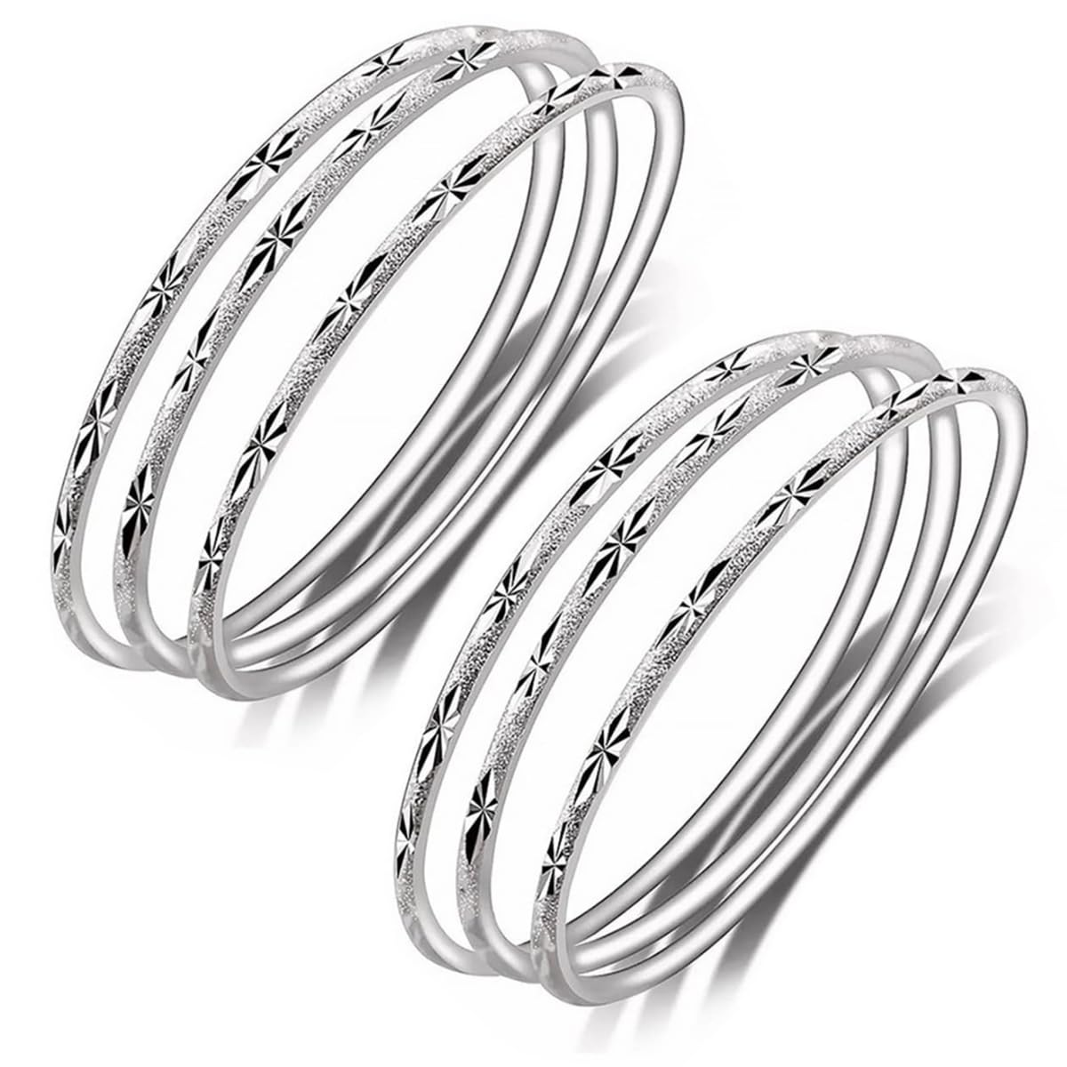 BUYITO Sterling Silver Bangle Bracelets for Women,Fashion Jewelry Simple Adjustable 925 Silver Cuff Plated Bangles for Women Mom Wife Valentine Mothers Day Gift (6 pieces)