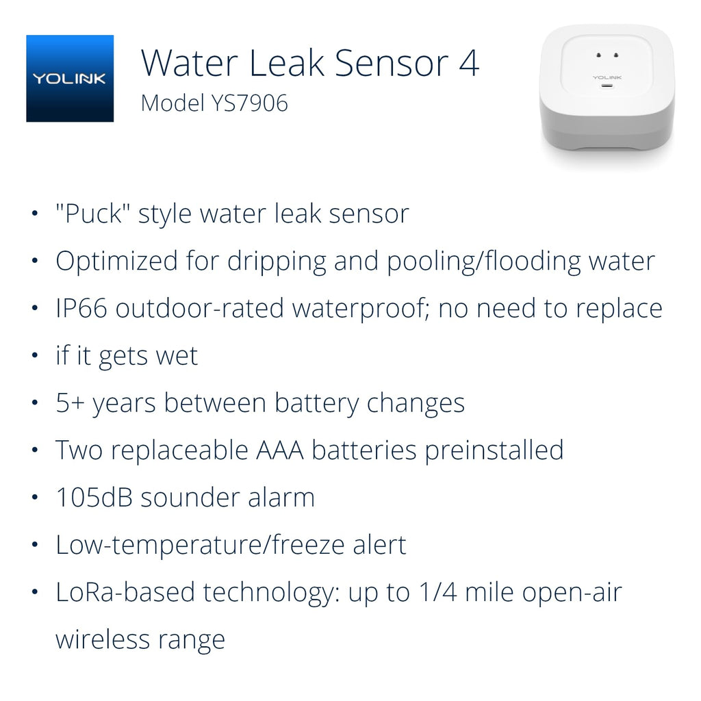 YoLink Water Leak Detector 4 with 105dB Audio Alarm, Freeze Warning, App Push, Email Alerts and Limited Text - Smart Water Sensor Alarm w/ Alexa, IFTTT - 1/4 Mile Long Range, Hub Required