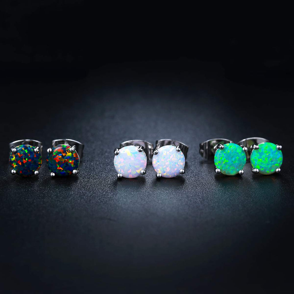 Barzel 18K White Gold Plated Black, White & Green Created Opal Stud Earrings 3 Pack Set, 6MM (Multicolor)