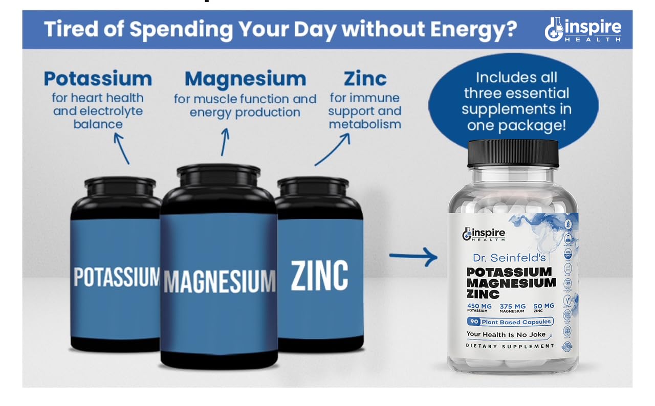 Magnesium Potassium Supplements w/Zinc - 90 Capsules - Magnesium Potassium Zinc for Vascular Health – High Absorption Vegan Supplement for Leg Cramps & Sleep Dr Seinfeld
