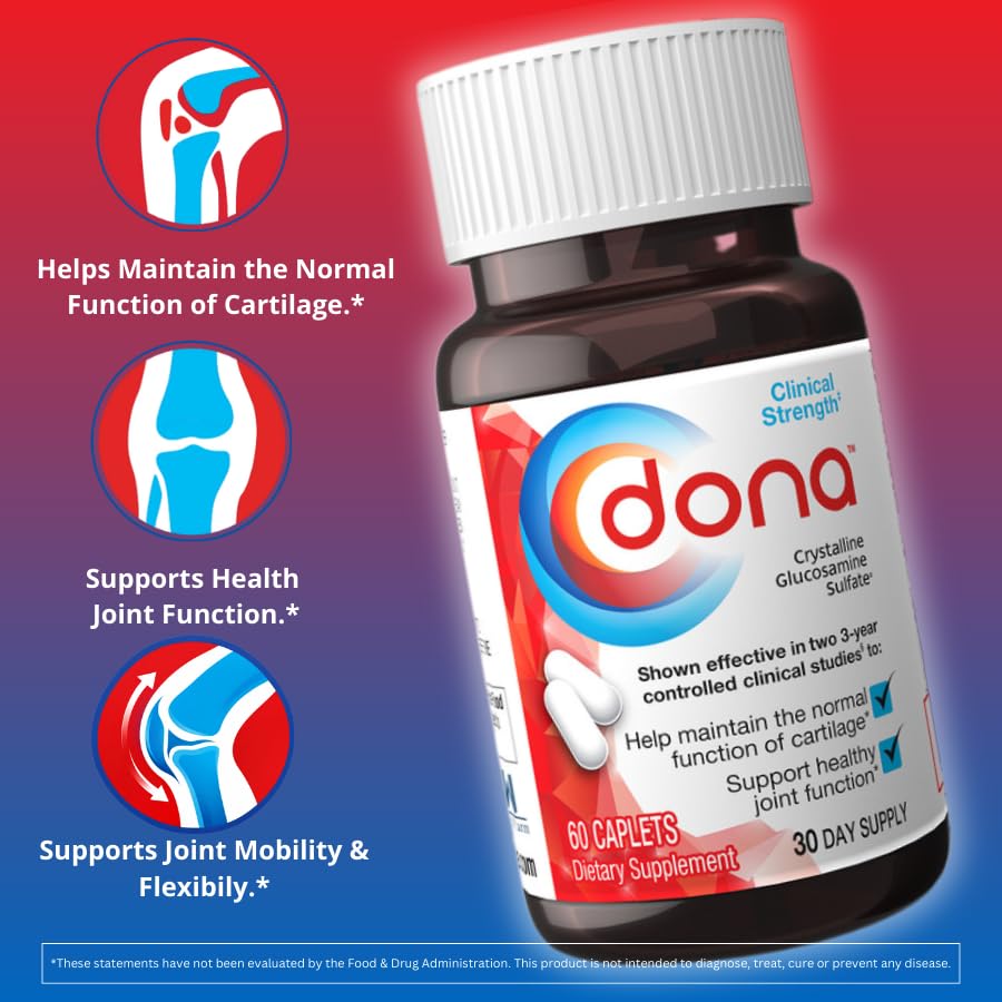 Dona Crystalline Glucosamine Sulfate, 750 Mg, Joint Supplement Pills for Knee Comfort & Joint Health Support, 750 Mg, 60 Count (2 Pack).