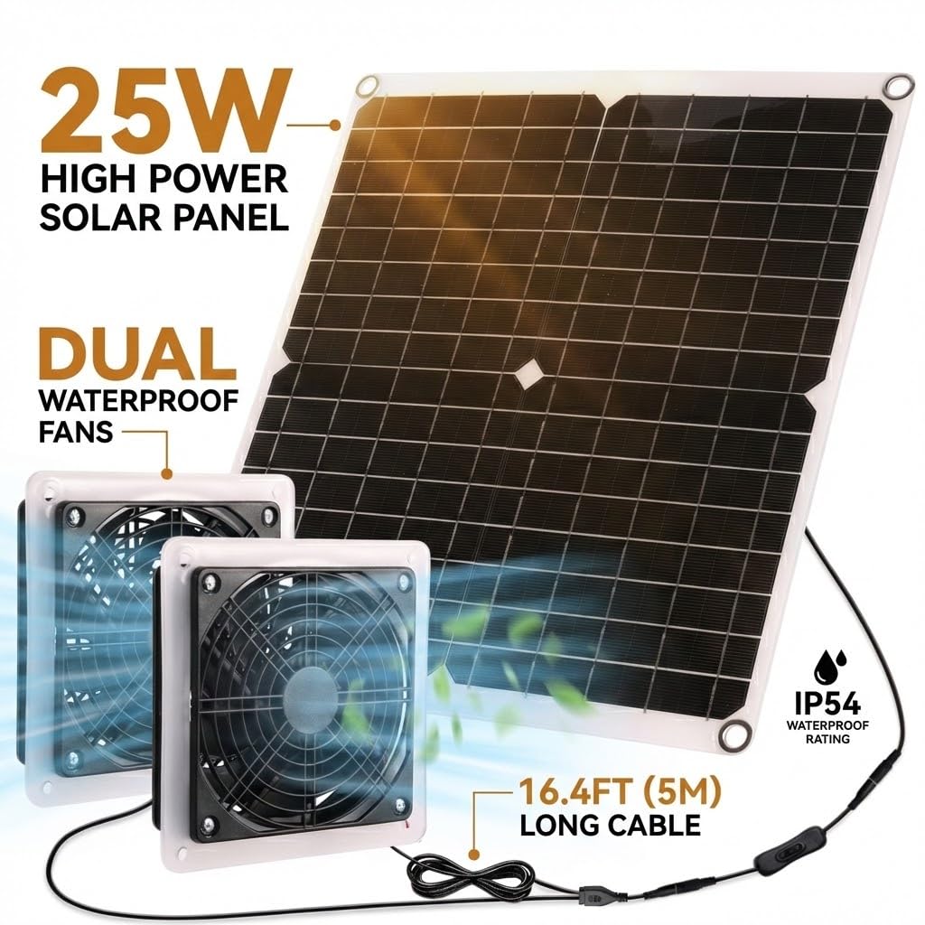 25W Solar Powered Fan for Chicken Coop, Greenhouse, Shed, Upgraded 16.4ft Long Cable Dual Exhaust Fan Kit, IP67 Waterproof Outdoor Solar Fan for Dog House RV Attic Ventilation