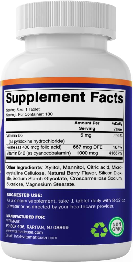 Vitamatic Folic Acid, Vitamin B12 & B6 – 180 Fast Dissolve Tablets Heart Health, Energy Production & Red Blood Cell Support (Pack of 2)