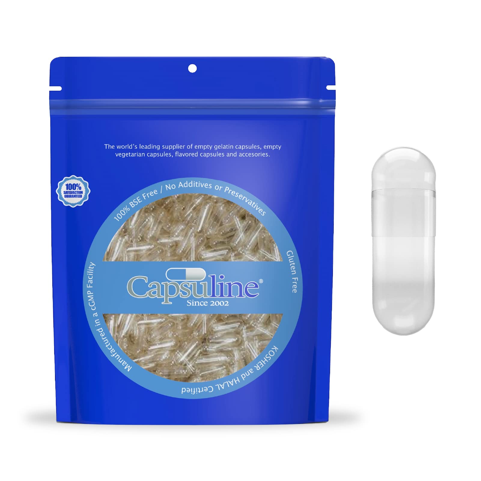 Capsuline Size 000 Empty Gelatin Capsules, Clear - 500 Count | Gluten Free, Kosher, Non-GMO Certified | Pure Bovine Pill Caps for DIY Supplement Filling