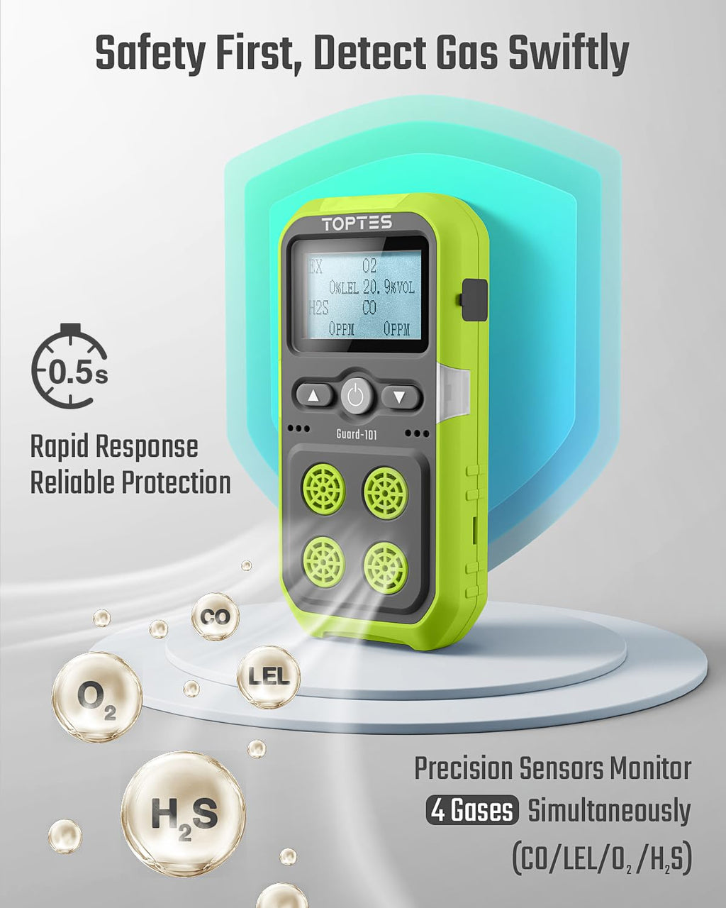 TopTes Guard-101 4 Gas Monitor Multi Detector for H2S, CO, LEL, and O2, with Vibration, Visual, and Audible Alarms, 14h Long Battery Life, Safety Explosion-Proof, for Work, Home - Green