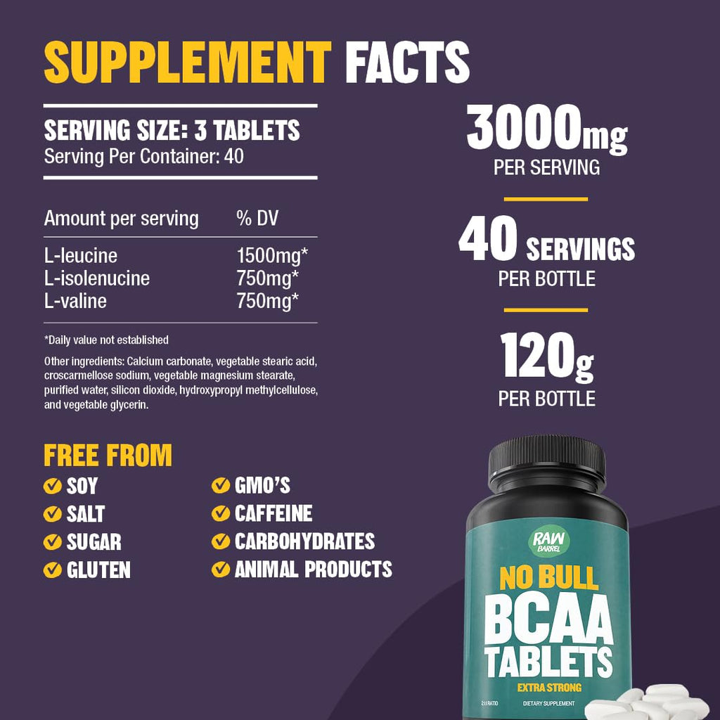 BCAA Tablets 1000 mg - Branched Chain Amino Acids Supplement for Muscle Recovery & Energy - Pre or Post Workout BCAAs for Men & Women - 120 Pills - Natural, Pure, GMO Free