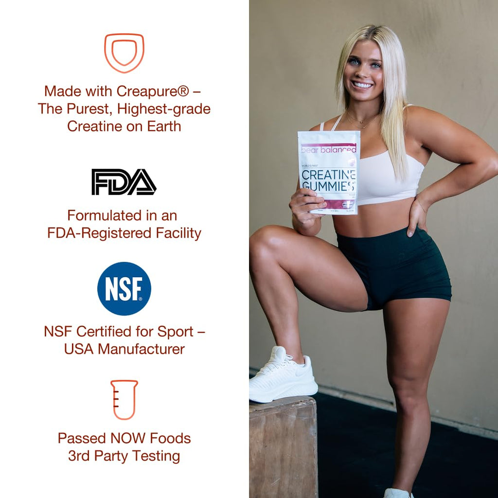 Bear Balanced Creatine Gummies for Men & Women - Creapure® Creatine Monohydrate, L-Theanine, L-Tyrosine & B12 for Muscle Growth, Strength, Focus, Energy & Health - Low Calorie, Sugar-Free, & Vegan