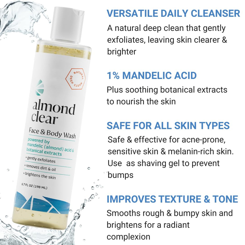 Almond Clear Face & Body Wash [6.7 Fl Oz] Skin Care for Acne and Folliculitis-Prone Skin - Gentle Everyday Exfoliating Cleanser with Mandelic Acid and Botanicals