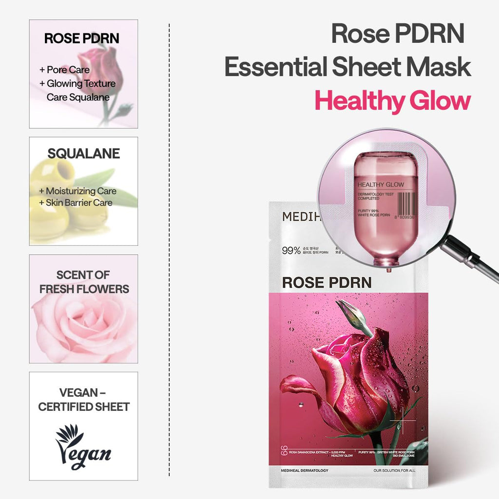 Mediheal Rose PDRN Essential Sheet Mask 10 pcs. 99% Pure White Rose PDRN & Hyaluronic Acid for hydrating, firming, and enhancing moisture barrier, skin firmness, and glow. Vegan formula