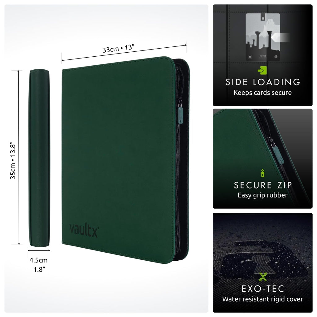 Vault X 12 XL Pocket Trading Card Zip Binder - 624 cards, Premium Exo-Tec Album Material, 26 Side-Loading Pages, Folder for Collectible Card Games, Sports, TCG (Green)