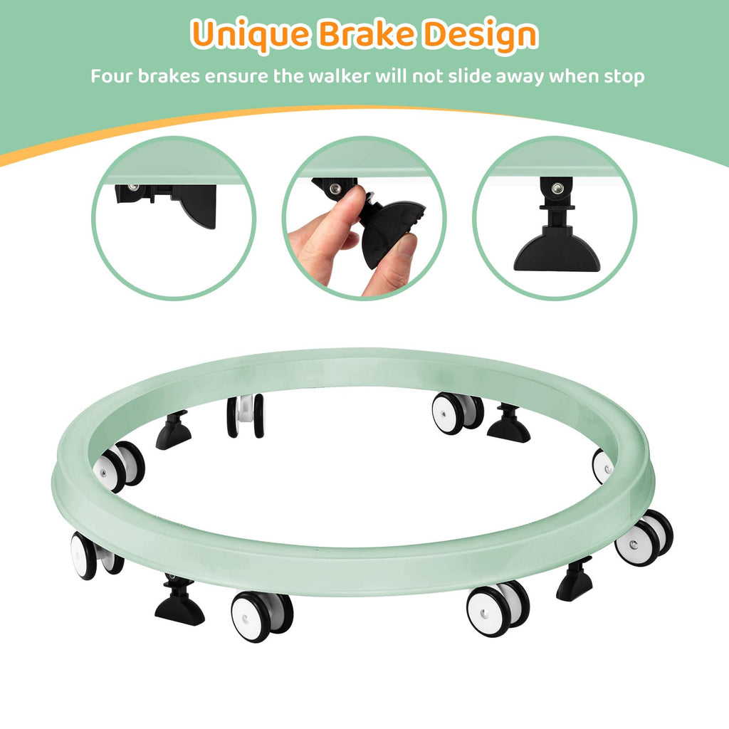 Baby Walker with Wheels, One-Touch Folding Baby Walkers, 7-Speed Height Adjustment with Large Dinner Plate, Anti-Roll 8-Wheel with Brake for 6-18 Months Baby (Green)