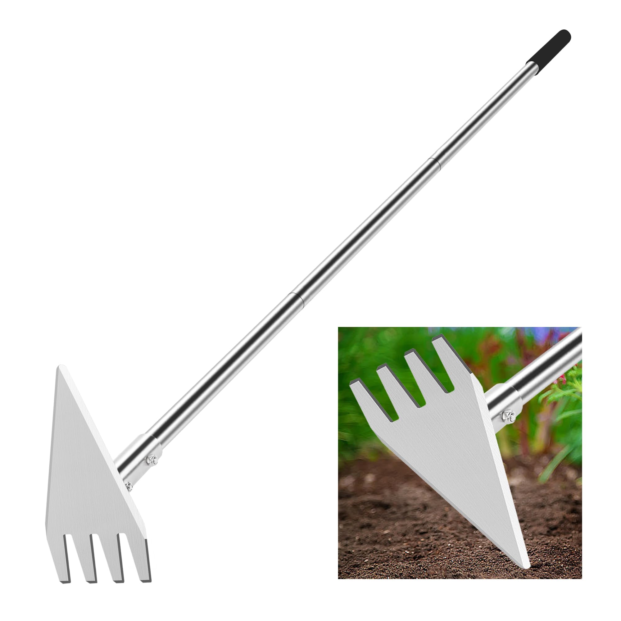 BARAYSTUS Hoe Garden Tool, 2-in-1 Garden Hoe & Weed Rake, 29.5"-57.7" Adjustable Long Handle, Stainless Steel Cultivator for Weeding, Digging, Loosening Soil, Planting & Root Removal