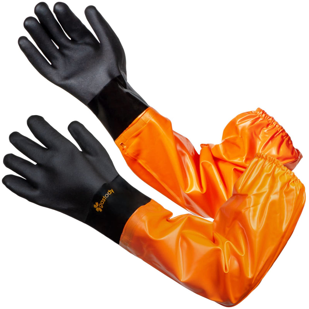 Gastody Chemical Resistant Gloves Extra-long 27.5" - Long PVC Arm Length Rubber Gloves Heavy Duty Waterproof with Cotton Liner for Household, Fishery Machinery, Chemical Industry Cleaning L