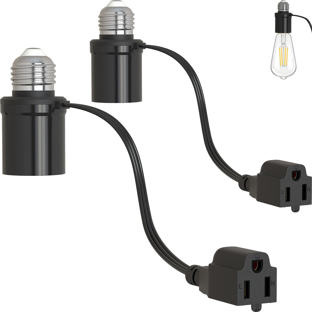 Aaeytby Light Socket Outlet Adapter, 3 in 1 Light Socket to Plug Adapter, Convert E26/E27 Bulb Socket to 3 Prong Outlet with Extension Cord, Suitable for Outdoor Porch Patio Garage 2-Pack