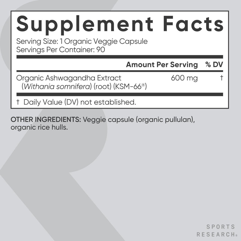 Sports Research® Ashwagandha w/Organic KSM-66® – 600 mg – Adaptogen for Relaxation, Calm & Sleep Support – USDA Organic · Non-GMO ­· Vegan Certified – 90 Veggie Capsules