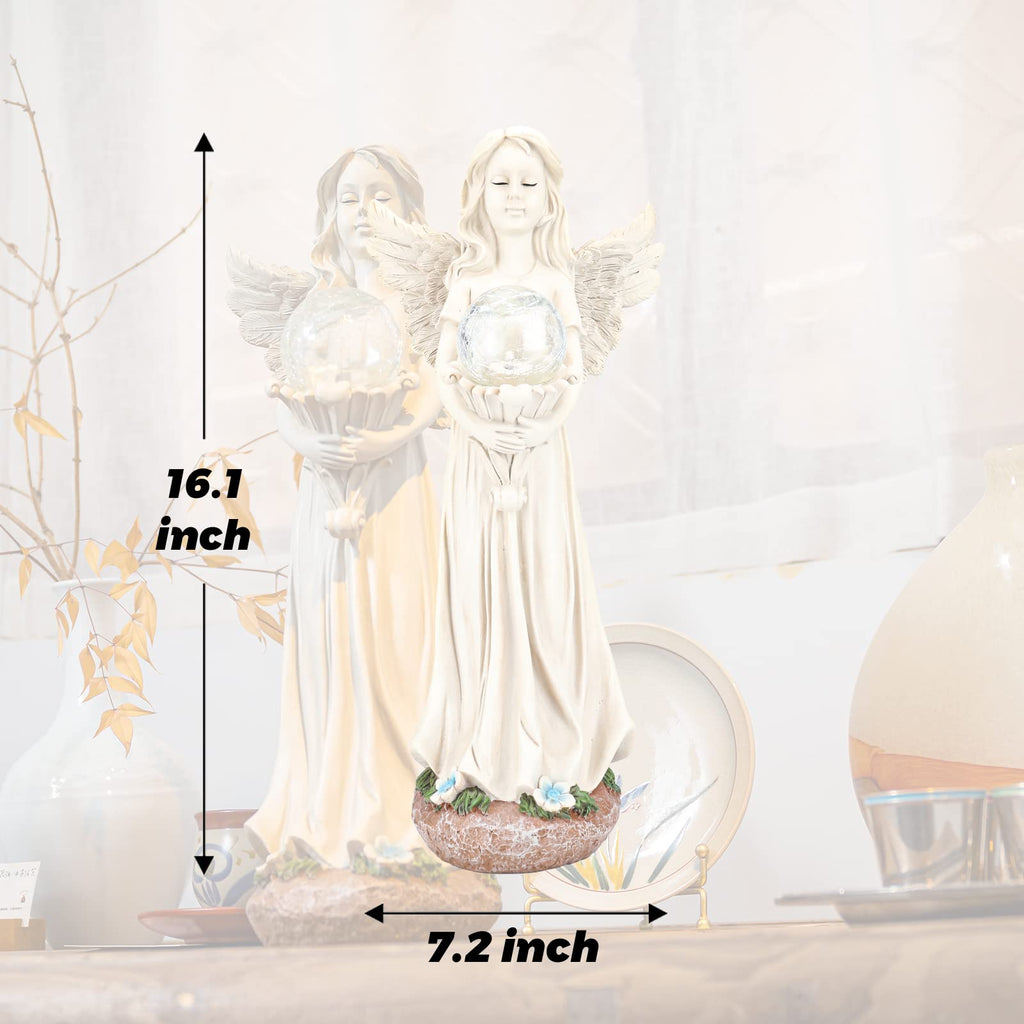 Garden Angels Outdoor Statue, Solar Angel with Crackled Glass Globe