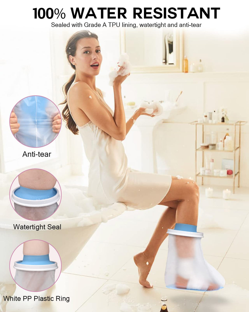 Waterproof Foot Cover for Shower Adult, Foot Cast Covers with Non-Slip Padding Bottom, Watertight Ankle Foot Cast Protector for Surgery Bandage Dressing Wound, Reusable