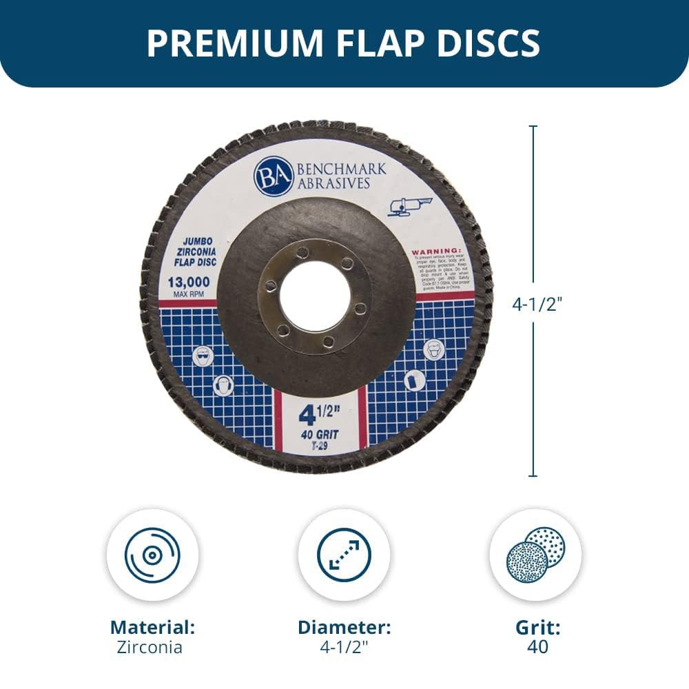 Benchmark Abrasives 4.5" x 7/8" Jumbo Zirconia Type 29 Flap Discs, High Density Sanding and Finishing Wheels for Angle Grinder, 40 Grit, 10 Count