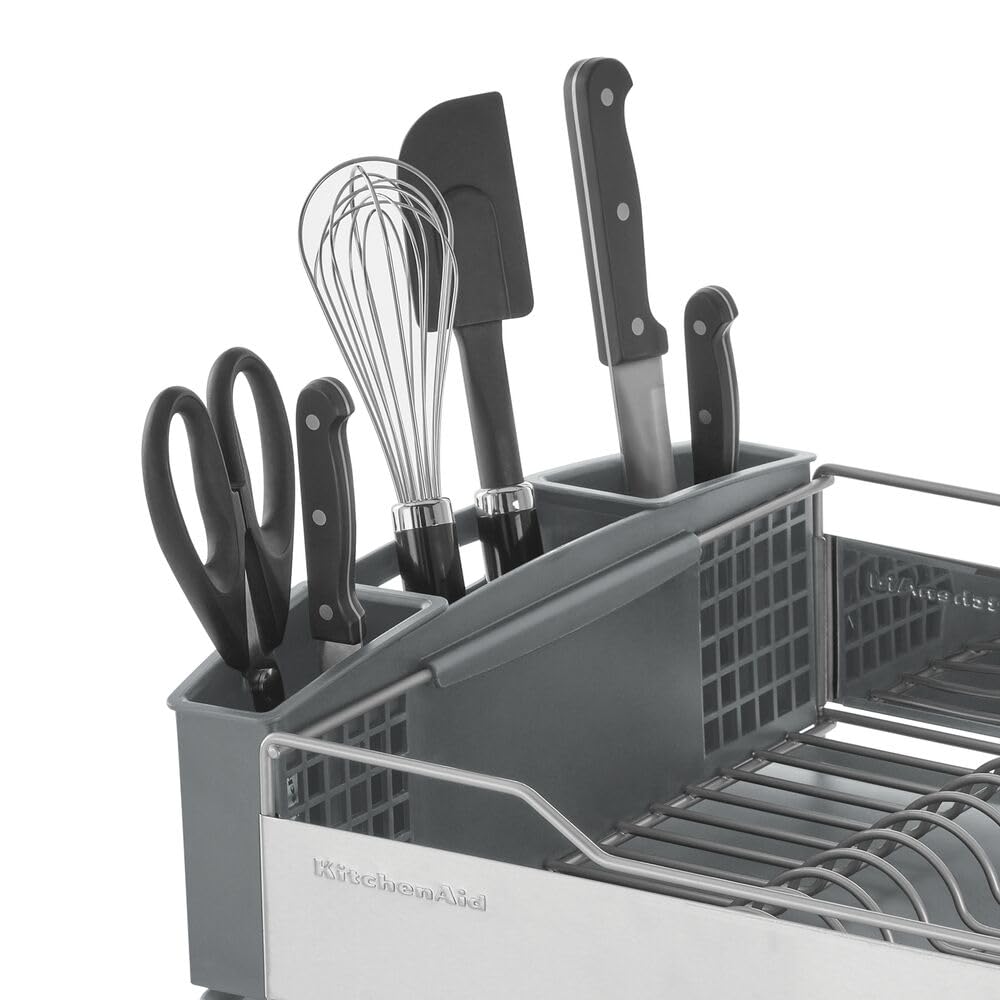 KitchenAid Large Capacity Full Size Rust Resistant Dish Rack with Angled Drain Board and Removable Flatware Caddy, Light Grey