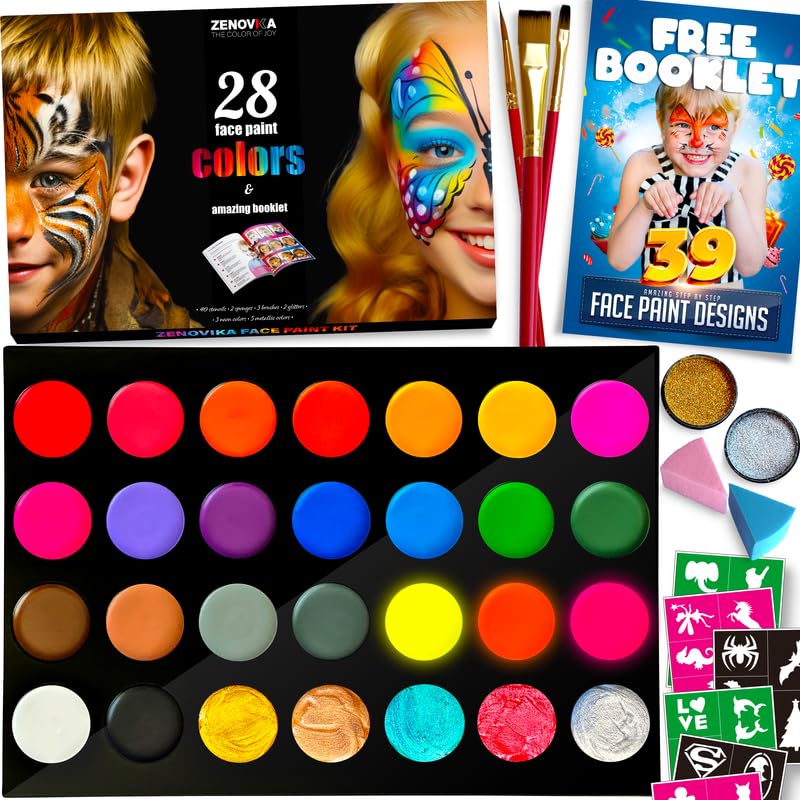 Zenovika Face Painting Kit for Kids - 28 Colors with 5 Metallics & 3 Blacklight Neons, 60 Reusable Stencils & 39-Design Book, Water Activated Face Paint, Washes Off with Soap & Water, Halloween