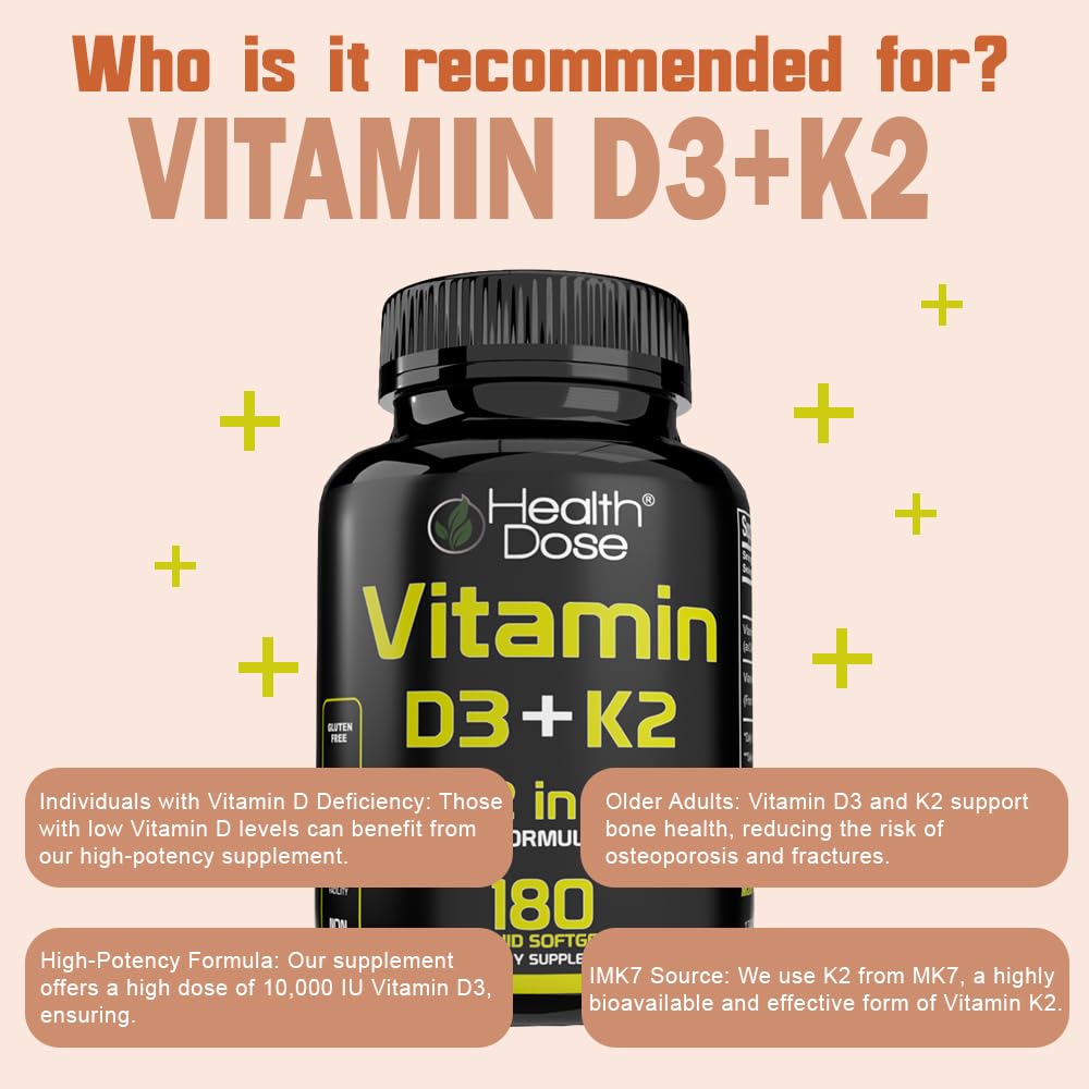 Health Dose Vitamin D3 10,000 IU + K2 (MK7) Supplement, 2-in-1 Formula, Immune Support, a Healthy Mood, Heart, Joint, Teeth, Bone Health, Calcium Absorption, 180 softgels. (3)