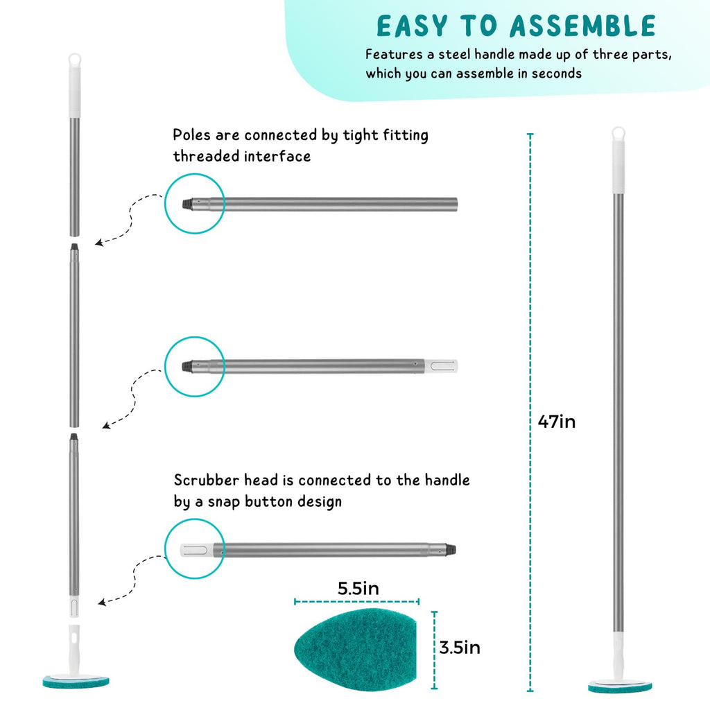 Shower Scrubber with Long Handle, 47'' Bathtub Scrub Brush, Bathroom Tub and Tile Cleaning Tool with 6 Refill Pads