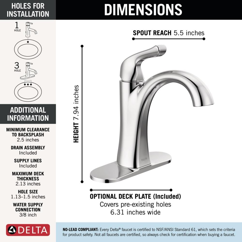 Delta Arvo Chrome Bathroom Faucet 1 Hole, Single Hole Bathroom Sink Faucet for Vanity, Push-Pop Drain Assembly, Chrome 15840LF