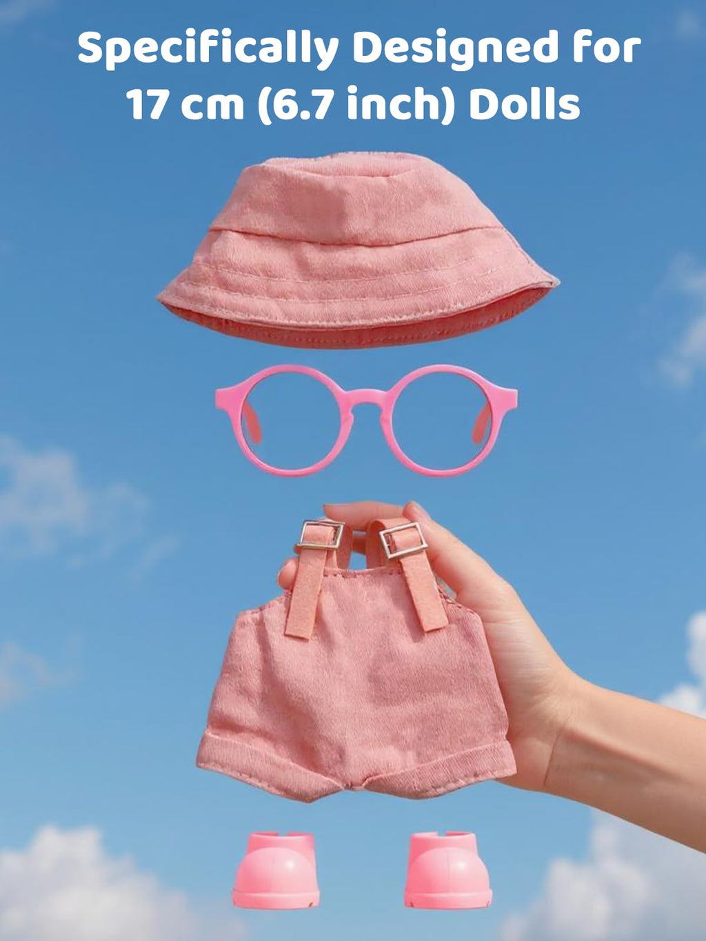 2PCS Doll Clothes Set for 17cm Dolls – Stylish Outfit with 2 Hat, 2 Overalls, 2 Shoes & 2 Glasses of Clothes Designer, Cute Clothes for Dress up Unique Style (Black+Pink) (Doll Not Included)