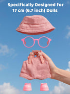 2PCS Doll Clothes Set for 17cm Dolls – Stylish Outfit with 2 Hat, 2 Overalls, 2 Shoes & 2 Glasses of Clothes Designer, Cute Clothes for Dress up Unique Style (Black+Pink) (Doll Not Included)