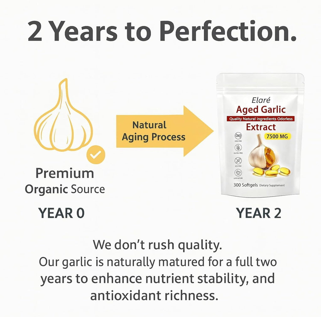 Elare Aged Garlic Extract Capsules 7500mg Odorless - 300 Count, Garlic Supplement, 2-Year Matured - for Heart & Immune Support, Non-GMO, Gluten-Free