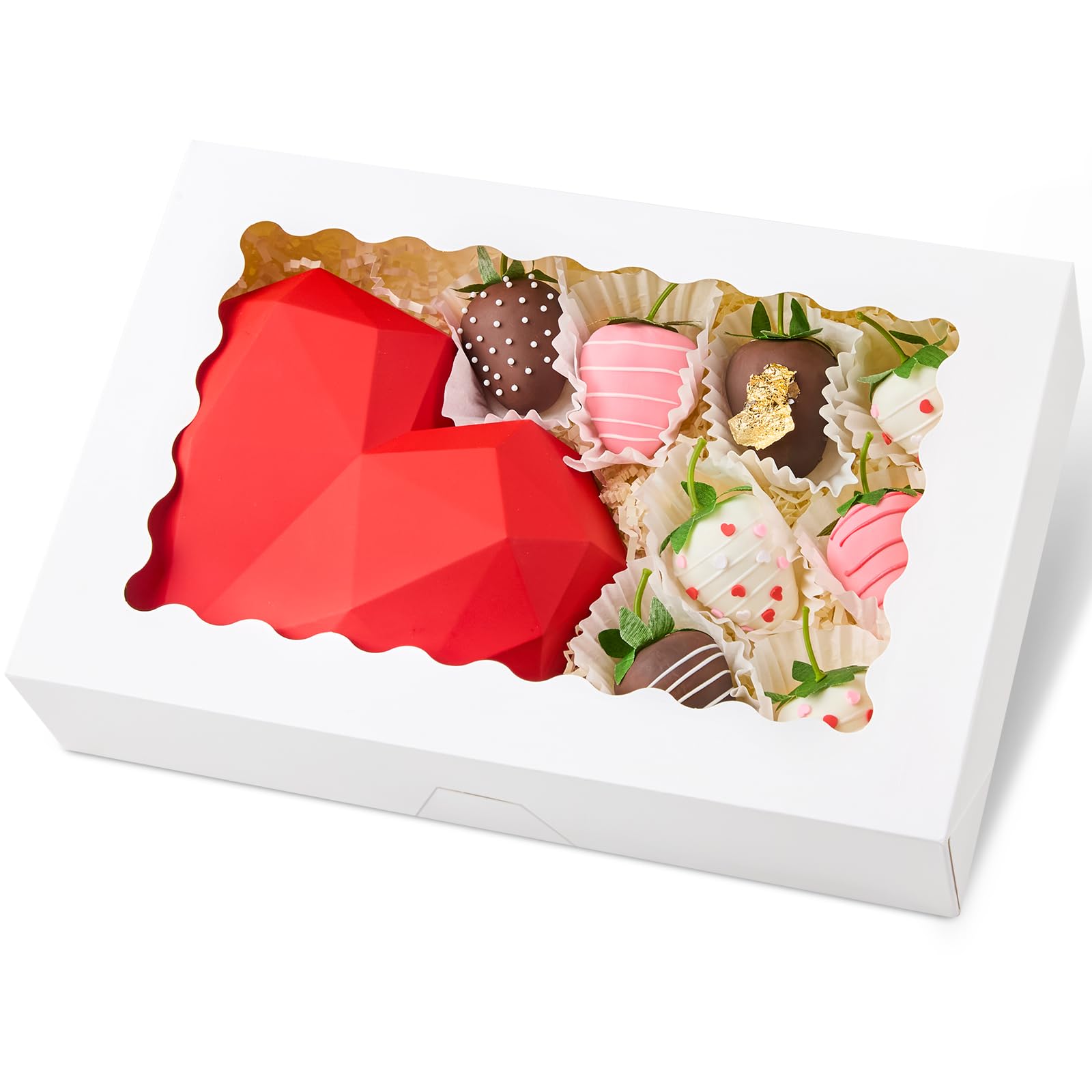 Kucoele 20 PCS Bakery Boxes with Window, 12 x 8 x 2.5 Inches Pastry Boxes Auto-Popup Treat Boxes for Chocolate Covered Strawberries, Cookies, Muffins, Donuts, Breakable Hearts
