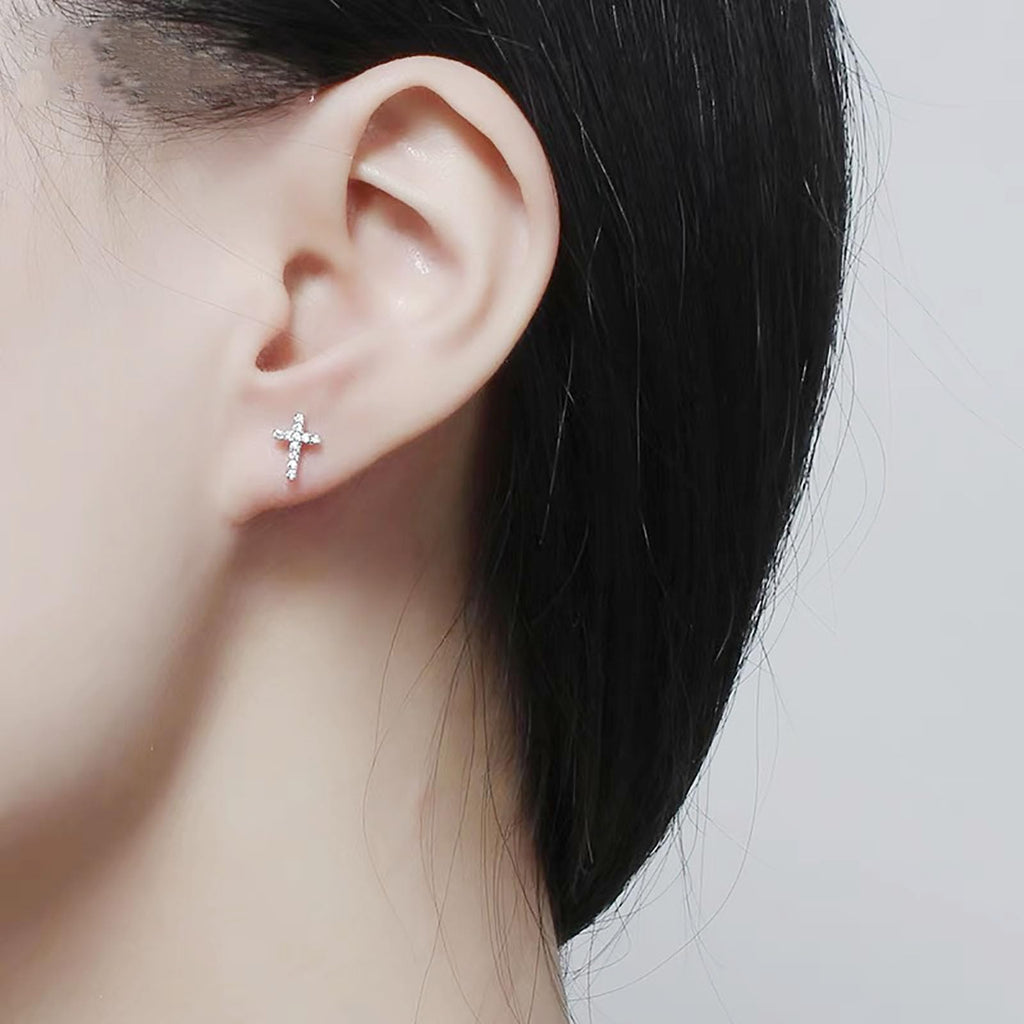 14K Hypoallergenic White Gold Plated Small Cross Silver Stud Earrings