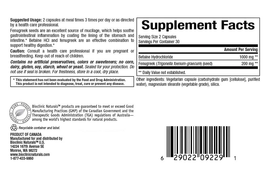 Bioclinic Naturals - Betaine HCL with Fenugreek 60 Veggie Capsules by Bioclinic Naturals