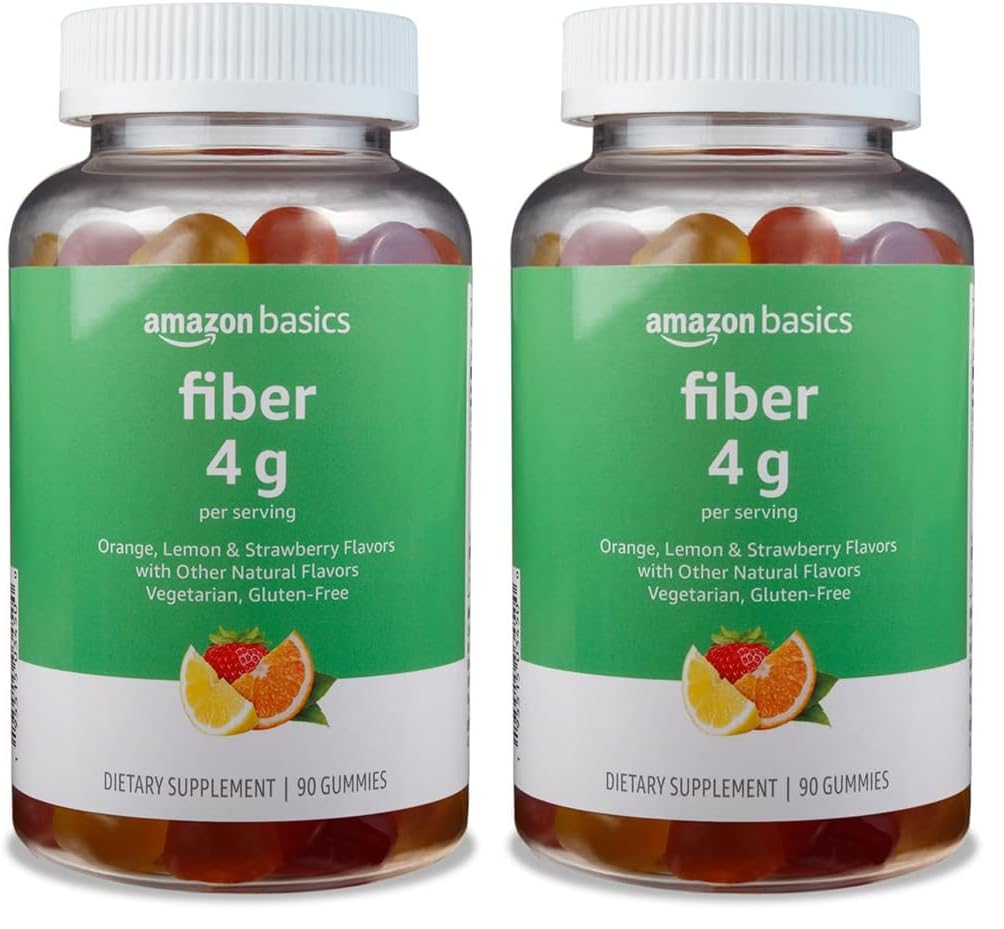 Amazon Basics (previously Solimo Fiber 4g Gummy - Digestive Health, Supports Regularity, Orange, Lemon & Strawberry, 90 Gummies (2 per Serving) (Pack of 2)
