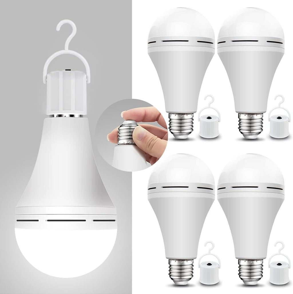 Neporal 4 Pack Emergency-Rechargeable-Light-Bulb, Stay Lights Up When Power Failure, 1500mAh 15W 80W Equivalent LED Light Bulbs for Home, Camping, Tent (E27, with Hook) (Daylight)