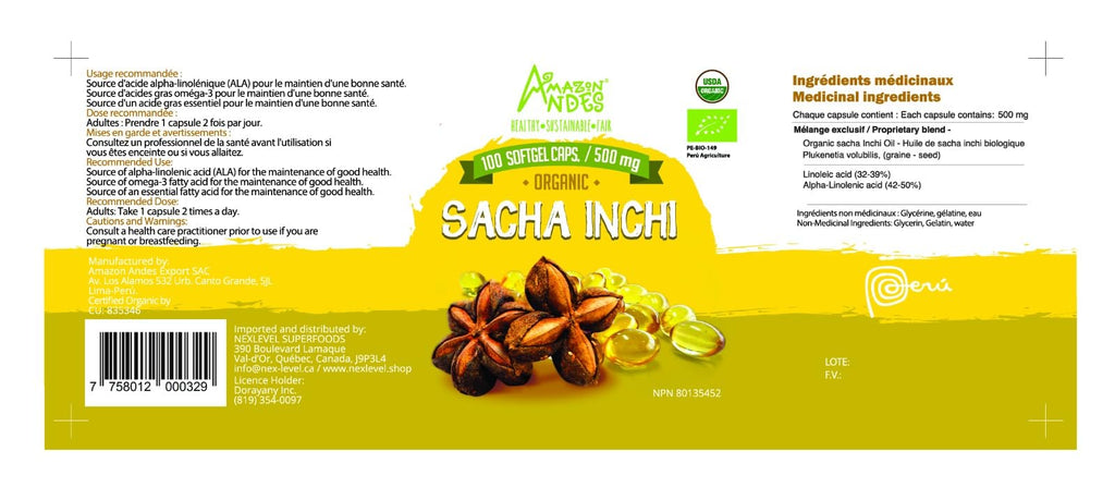 Amazon Andes Sacha Inchi Oil Capsules 500mg - Omega 3 6 9 Fatty Acids from Peru - 100 Softgels - Cold Pressed Virgin Inca Peanut Oil - Plukenetia Volubilis - Vegan Plant Based Non-GMO