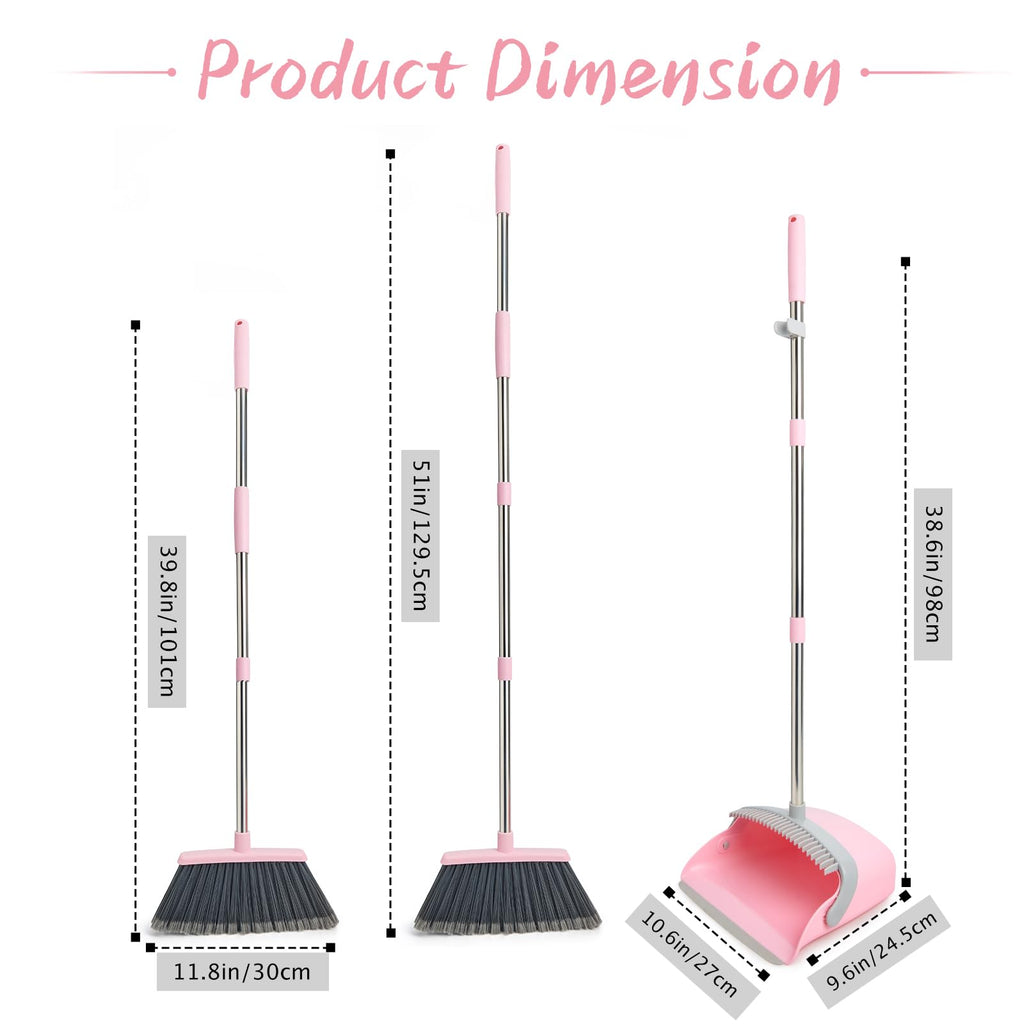 OOOFLOWER Broom and Dustpan Combo Set, Long Handle and Standing Dust Pan with Comb Teeth, Efficient Floor Cleaning for Kitchen, Outdoor, Dorm, Apartment, Office Lobby (Pink Gray)